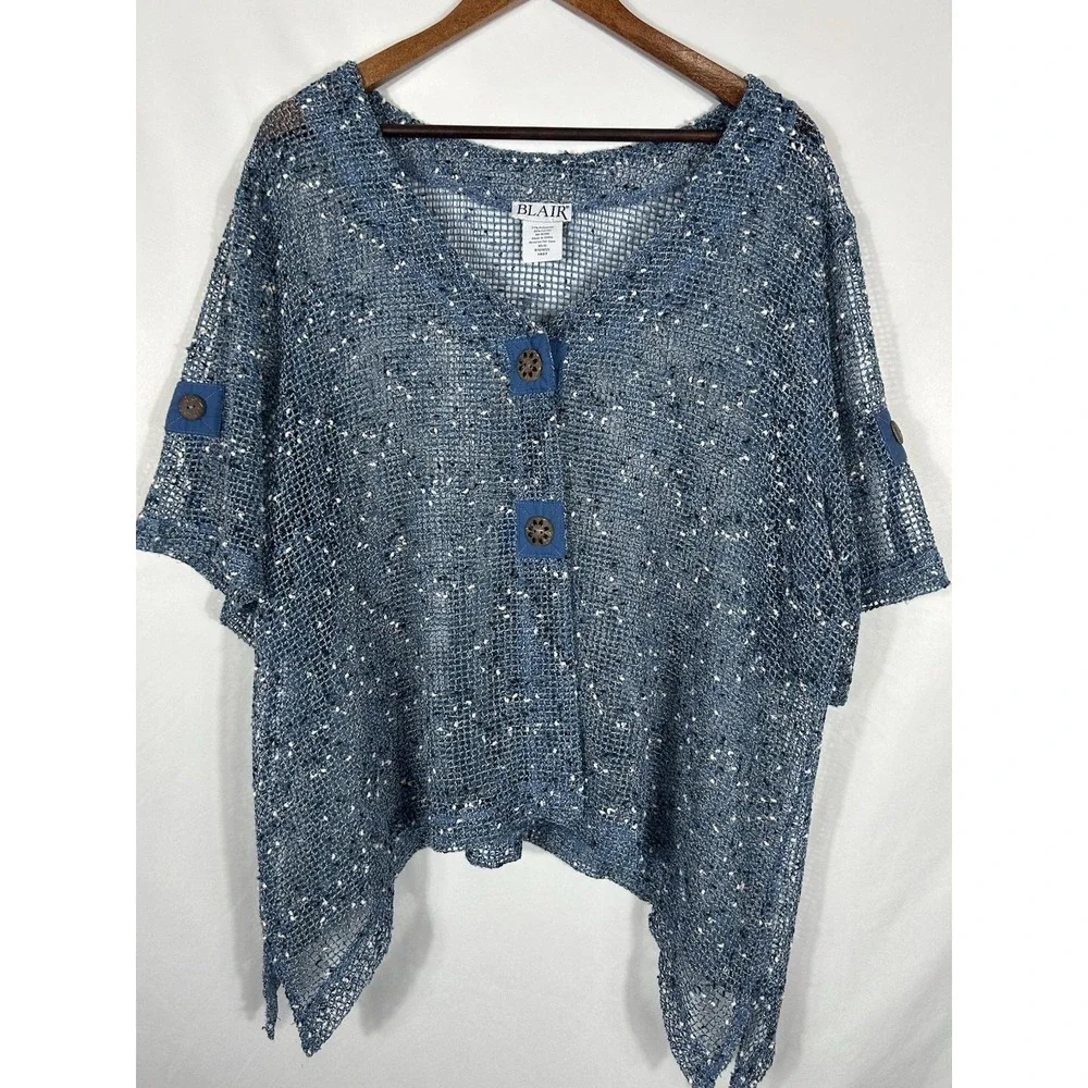 Blair Sheer Mesh Open‎ Knit Top Coconut Button Asymmetric Boho Art Beach Size XL